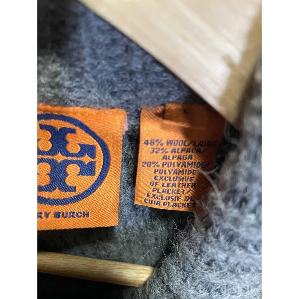 Tory Burch Cardigan Womens L Gray Wool Alpaca Leather Trim Logo Snap Knit Sweate